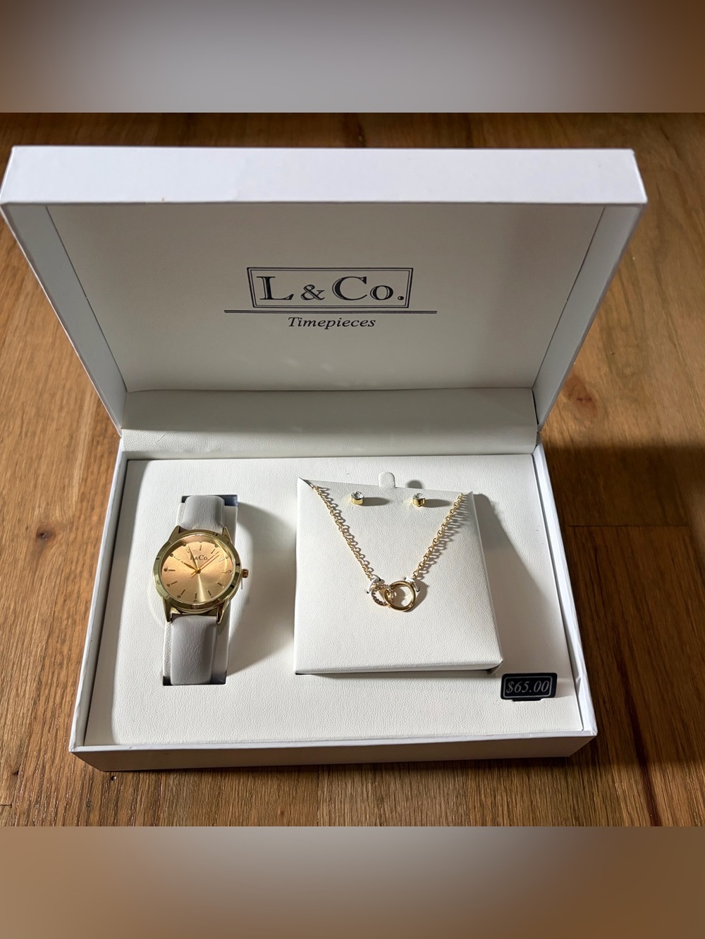 Women's Gold Necklace, earrings and Watch Set with White Accents